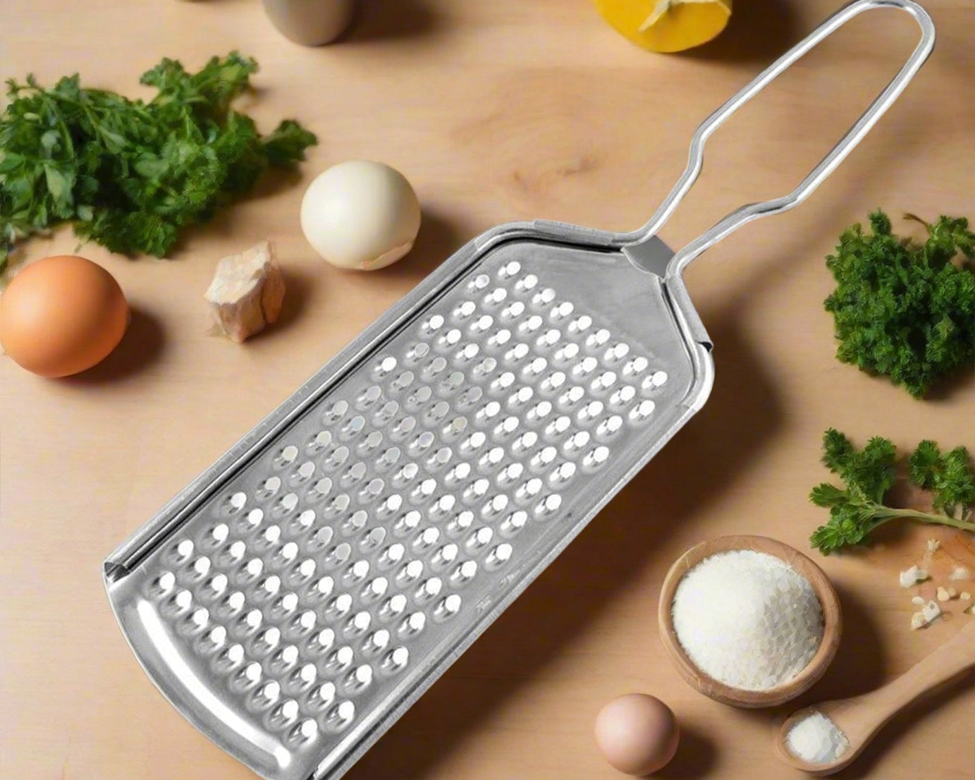 Stainless steel zester grater for zesting citrus, grating cheese, and nutmeg in the kitchen.