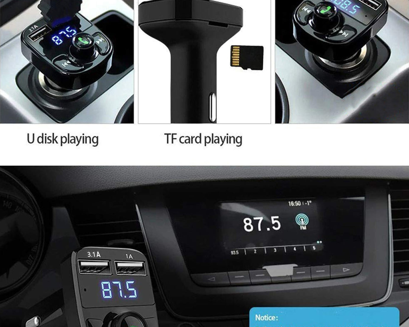 CAR-X8 Bluetooth FM Transmitter Kit for Hands-Free Call Receiver / Music Player / Call Receiver / Fast Mobile Charger Ports for All Smartphones with 3.1A Quick Charge Dual USB Car Charger