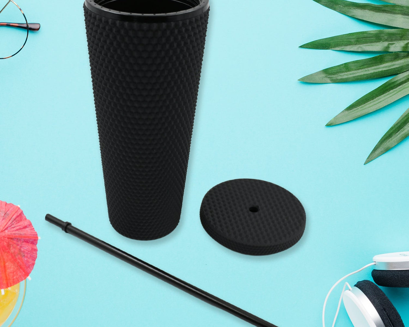 0304 Cup with Straw Reusable Matte Studded Tumbler with Leak Proof Lid Water Cup Travel Mug Coffee Ice Water Bottle Double Walled Insulated Tumbler BPA Free (1 Pc / Mix Color)