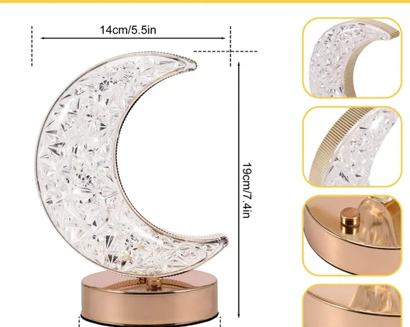 Crystal Table Lamp | Moon Shape Touch Control Lamp with 3 Color | Metal Bedside Lamp for Kids Bedroom Romantic Desktop Nightstand | Stepless Dimming USB Charging Touch Night Light