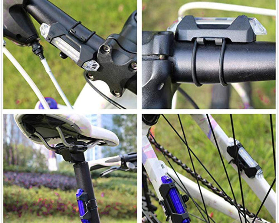 Blue waterproof LED light for bicycle, rechargeable and bright.