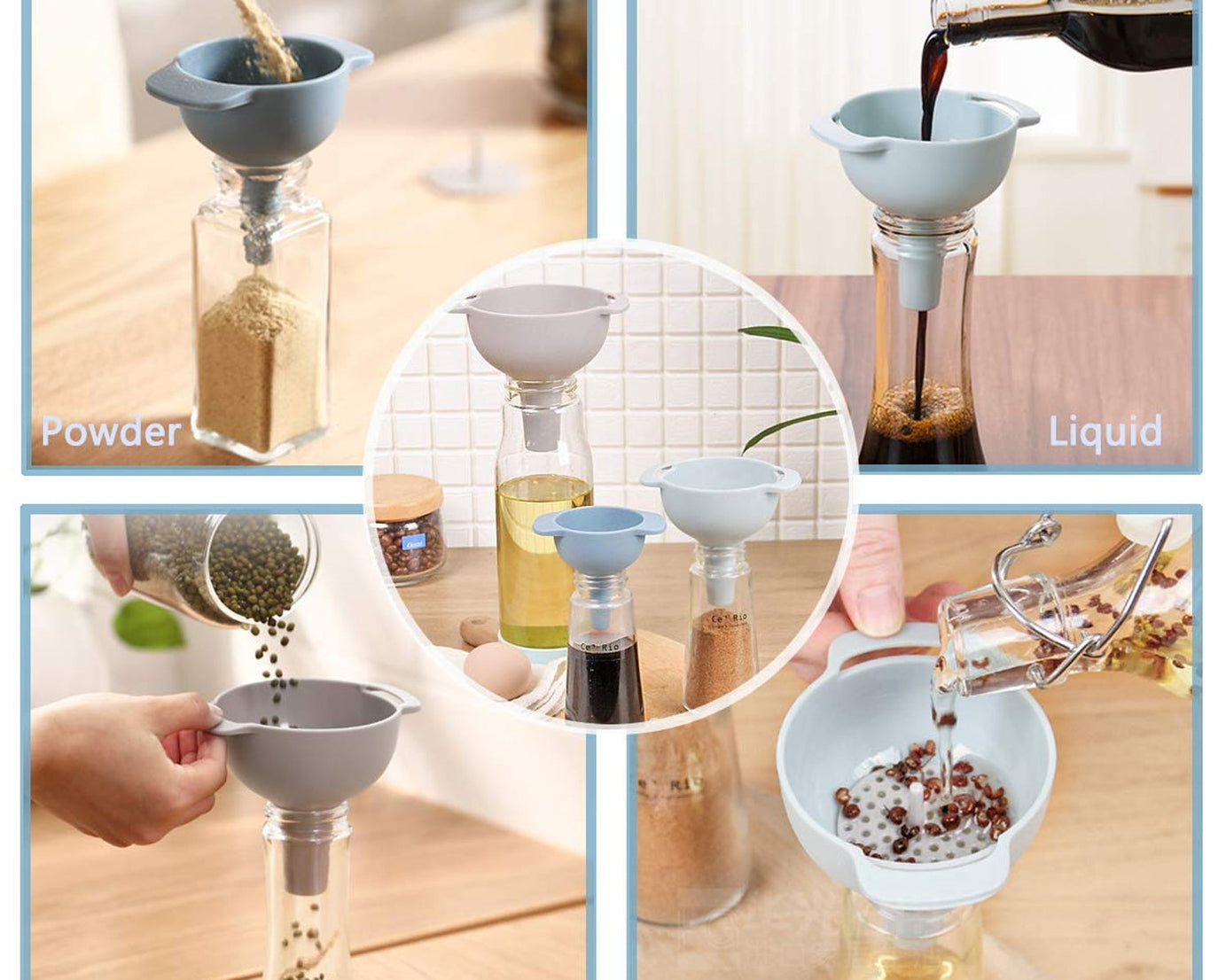 3 in 1 Kitchen Funnel Set of 3, Funnel for Filling Bottle, Small Canning Funnel with Handle, Food Grade Plastic Funnel with Detachable Strainer Filter for Liquid, Dry Ingredients, and Powder