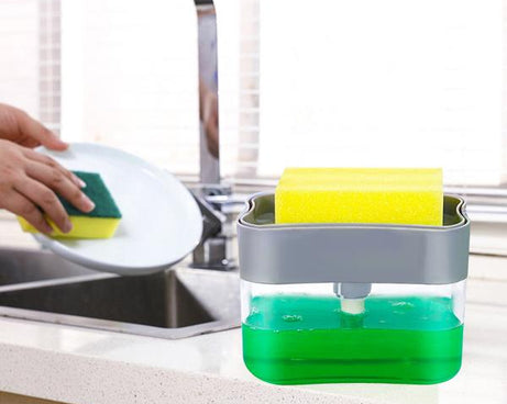 Soap dispenser with durable design and sponge holder.