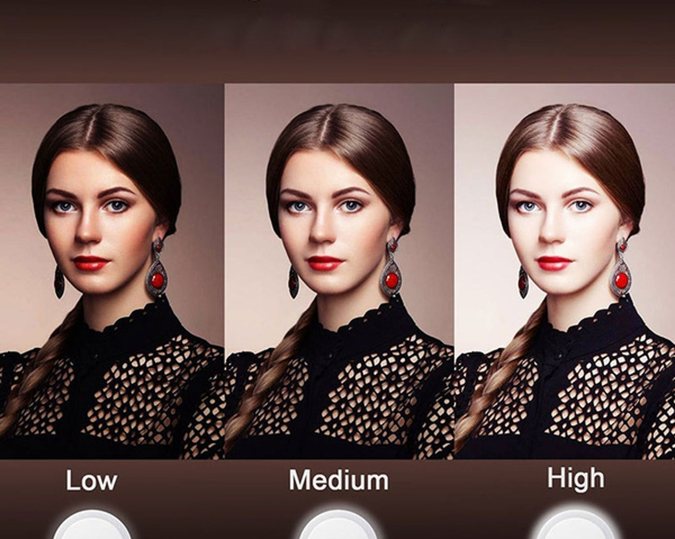 Selfie ring light with bright LED bulbs, angled view