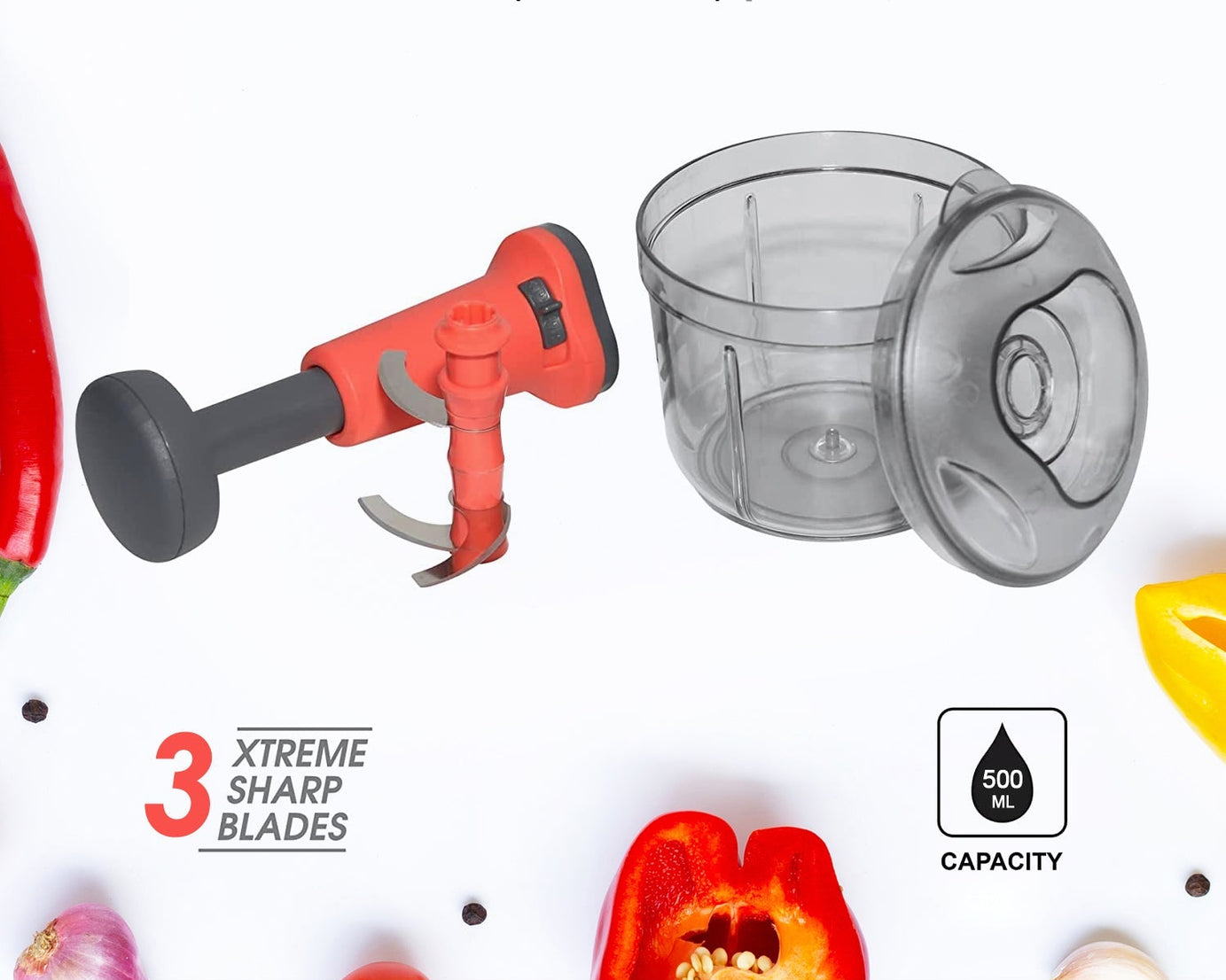 Manual hand press chopper with matte finish, close-up of blades