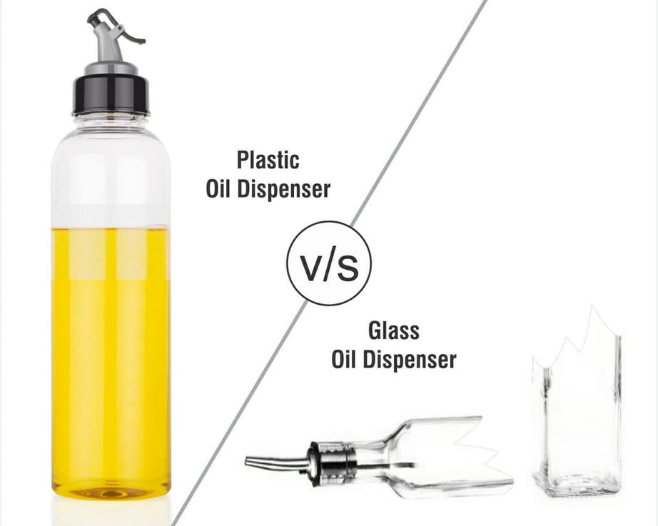 1-liter oil bottle, transparent plastic, with easy-to-use spout.