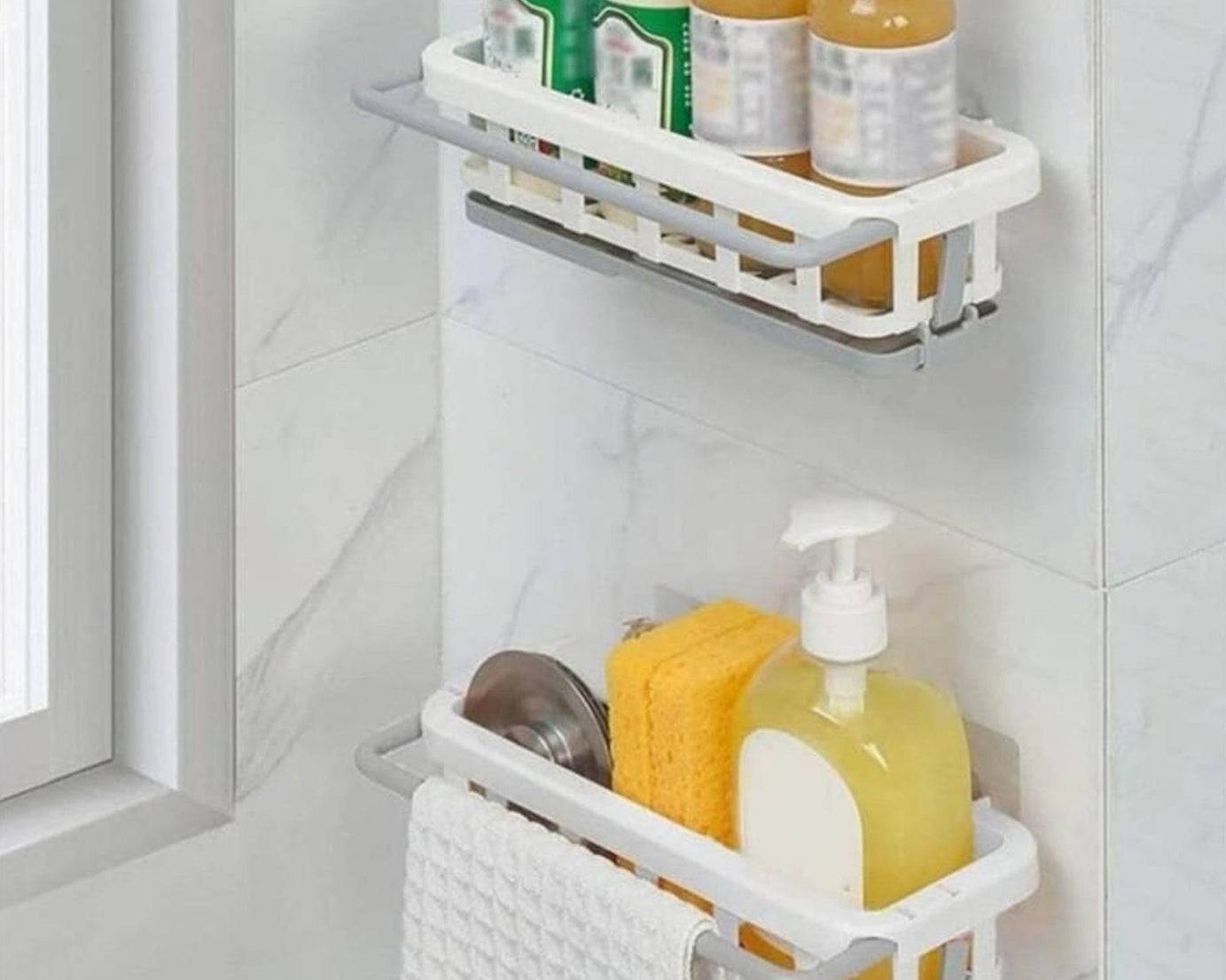 Multipurpose Platic Hanging Drain Rack Retractable Sponge Storage Hanging Rack With Adhesive Hook for Kitchen and Bathroom Dishcloth Holders Basket Drying Tray Organizer