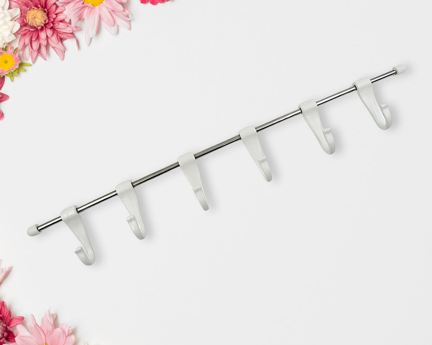 Stainless Steel Utensil Hanger Rail Nail Free Wall Mount with 2 Magic Stickers & 6 Plastic Hooks For Kitchen