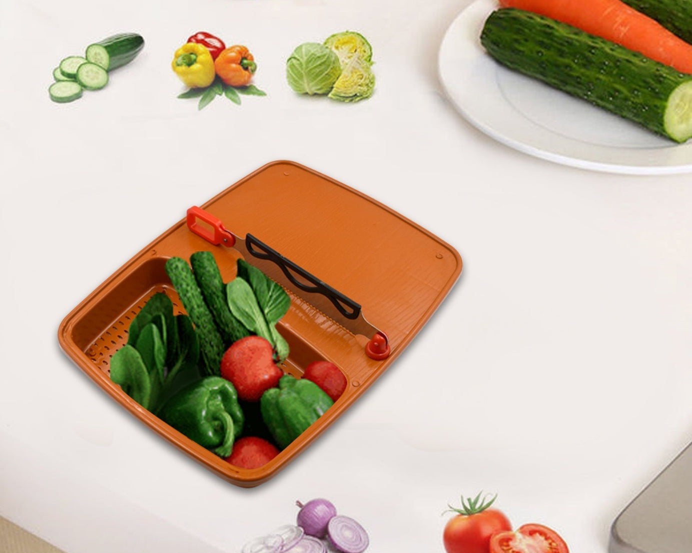 Fruit and vegetable cut and wash box with tray, for easy cleaning and cutting.