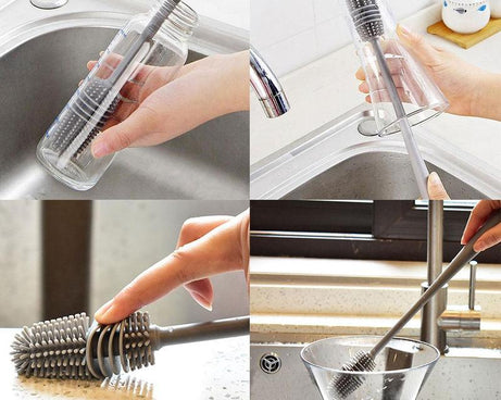 Flexible long brush for cleaning water bottles