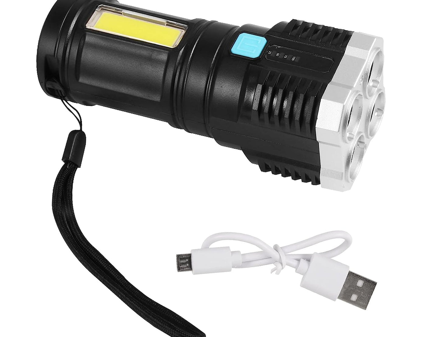 Multifunctional Strong 4 LED Torch Light, Portable Rechargeable Flashlight Long Distance Beam Range 800 Lumens COB Light 4 Mode Emergency for Hiking, Walking, Camping (4 LED Torch)