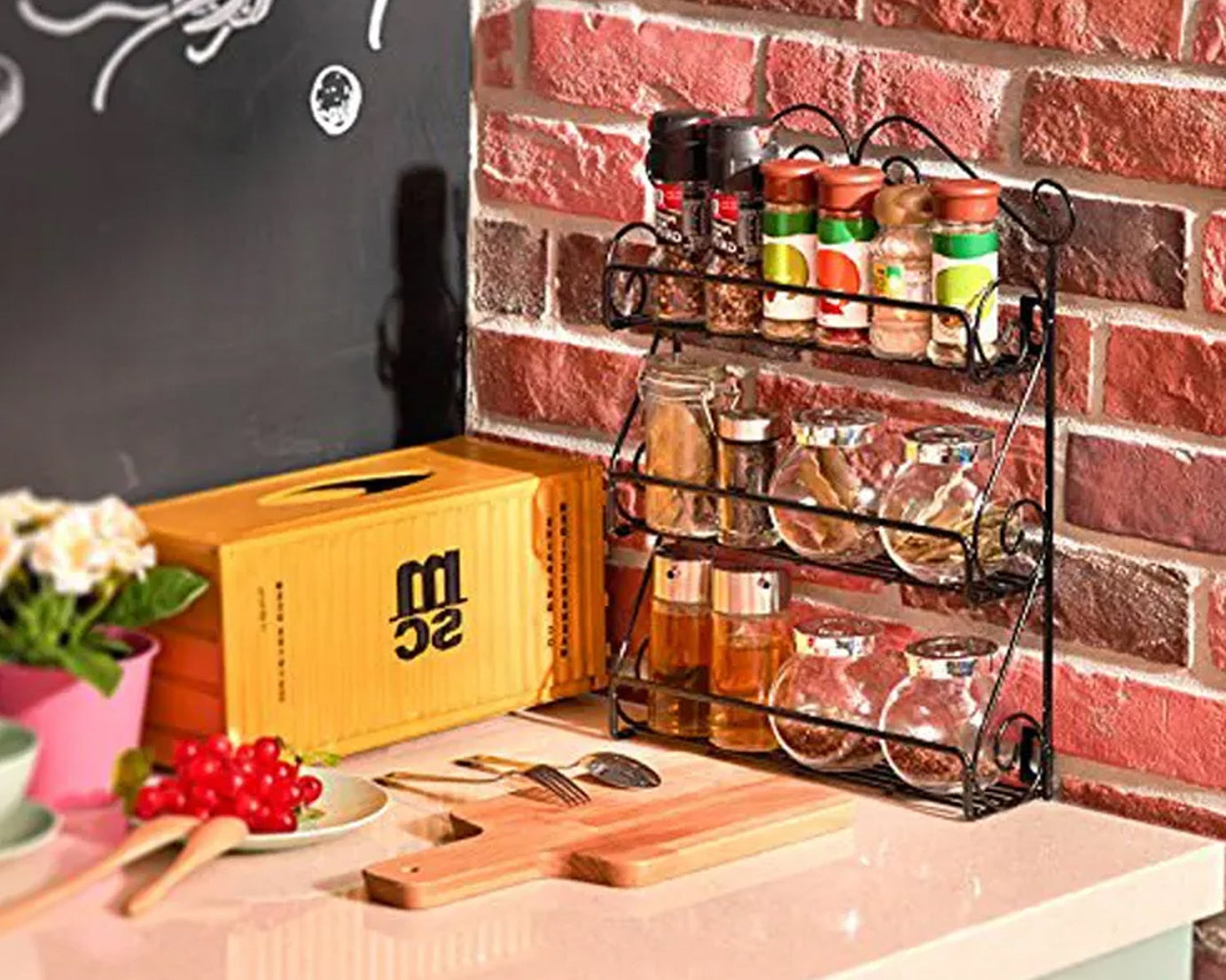 Big Wall Mounted Iron Wall Shelf with 3 Storage Racks for Kitchen, Pantry, Cabinet, Counter top or Free Standing, Rack Holder for Kitchen