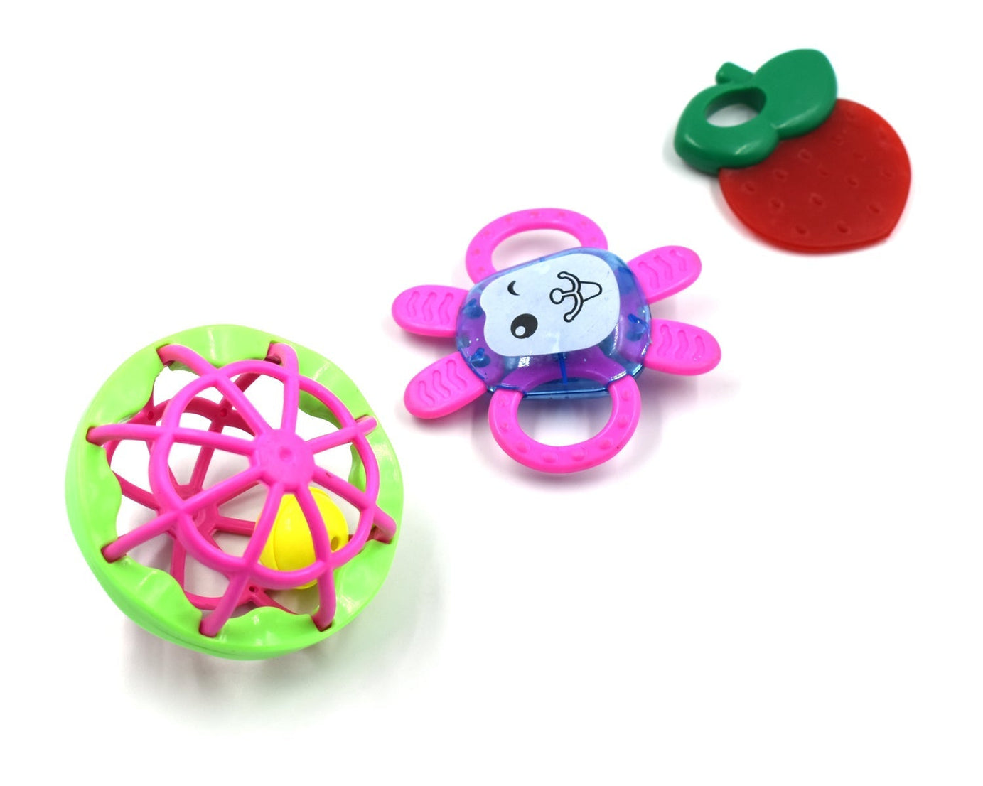 Set of three colorful baby rattles designed for sensory play and development.