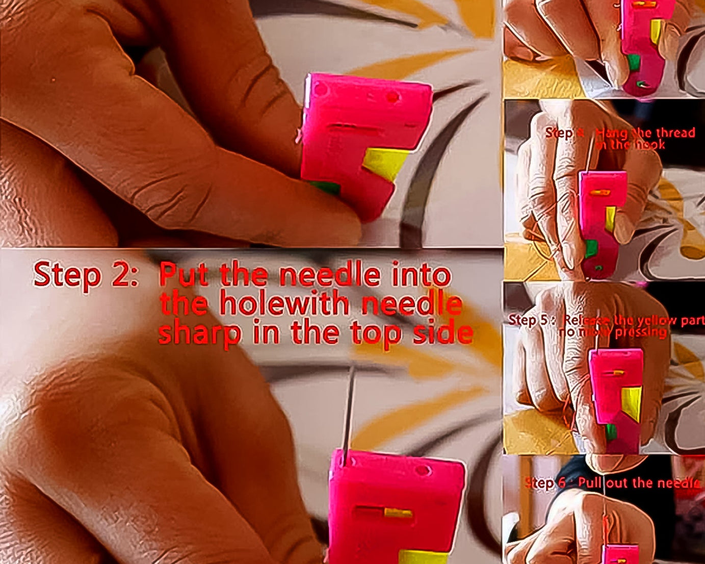 Needle threading device in multicolour with a needle, thread, and threading instructions