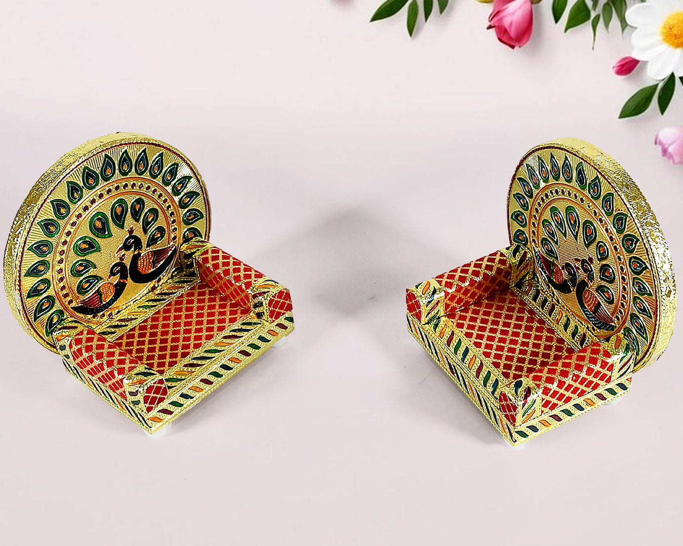 Meenakari Work Laddu Gopal Singhasan for Pooja Mandir Wooden Krishna Ladoo Bal Gopal Sofa Asan, Home Decorative Premium Look Decorative Singhasan Suitable For Home, Office, Restaurant (2 Pc Set)