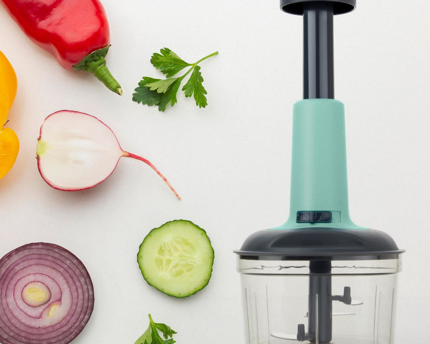 Manual food chopper with 3 stainless steel blades, full set