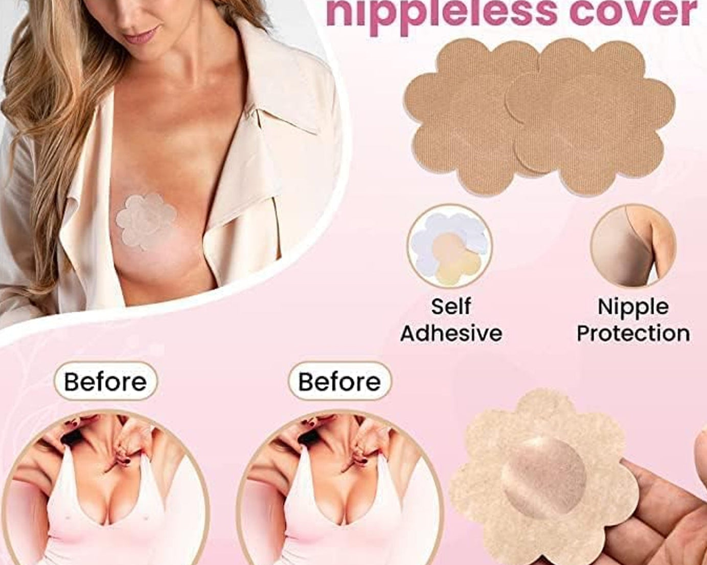 Boob Tape with Nipple Covers: Cotton, Breathable, Lift & Support (5m, 10 Pairs)