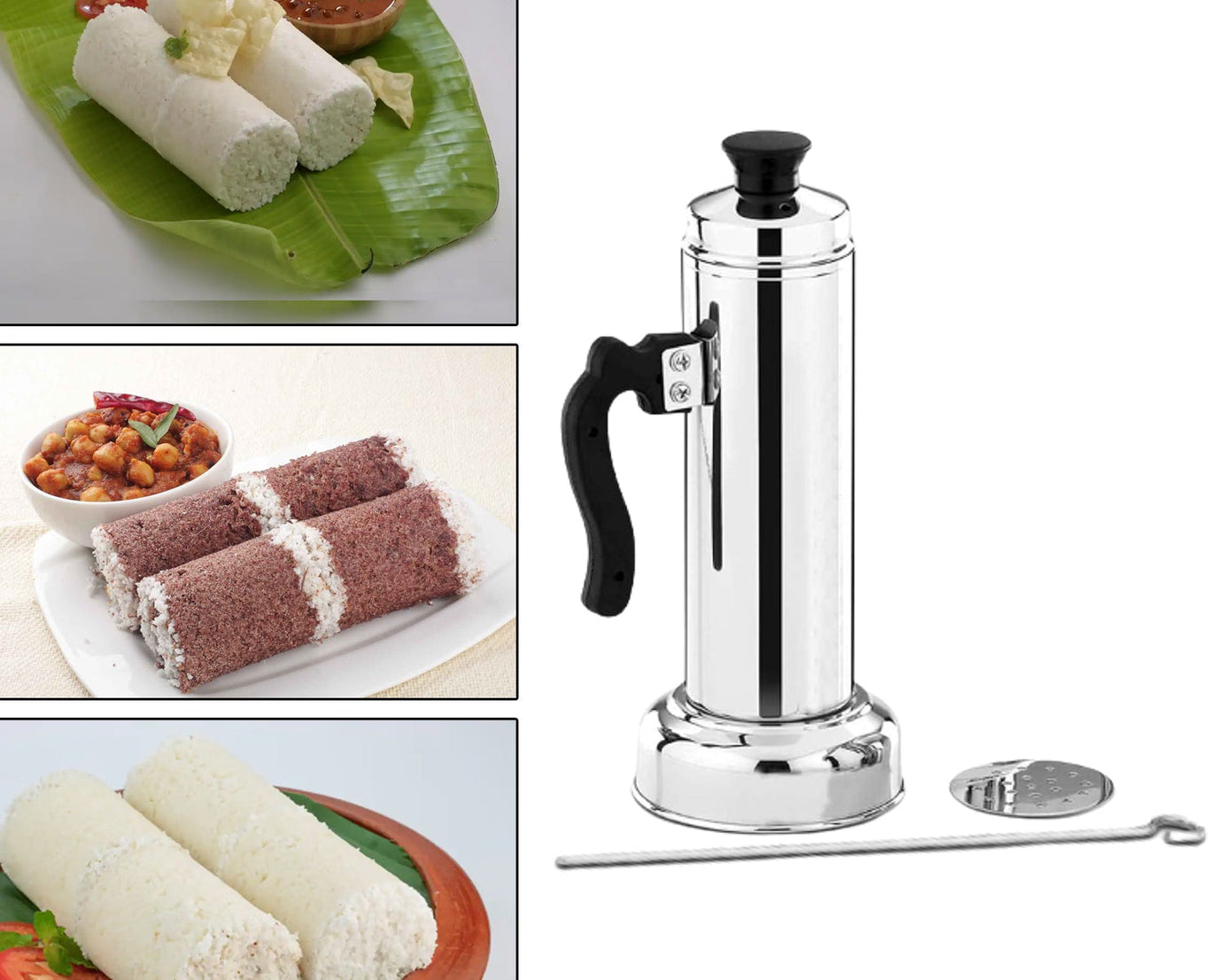 Puttu maker set with steamer plate and silver lid