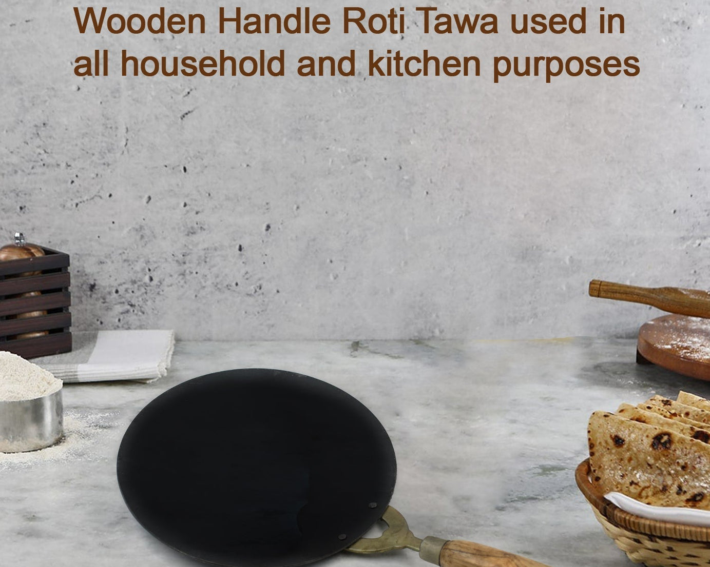 Nonstick roti tawa with wooden handle, perfect for daily use in kitchens.