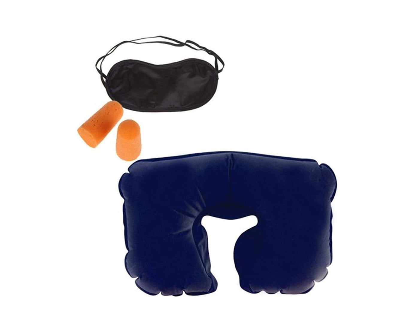 Travel kit with pillow, ear buds, and eye mask.
