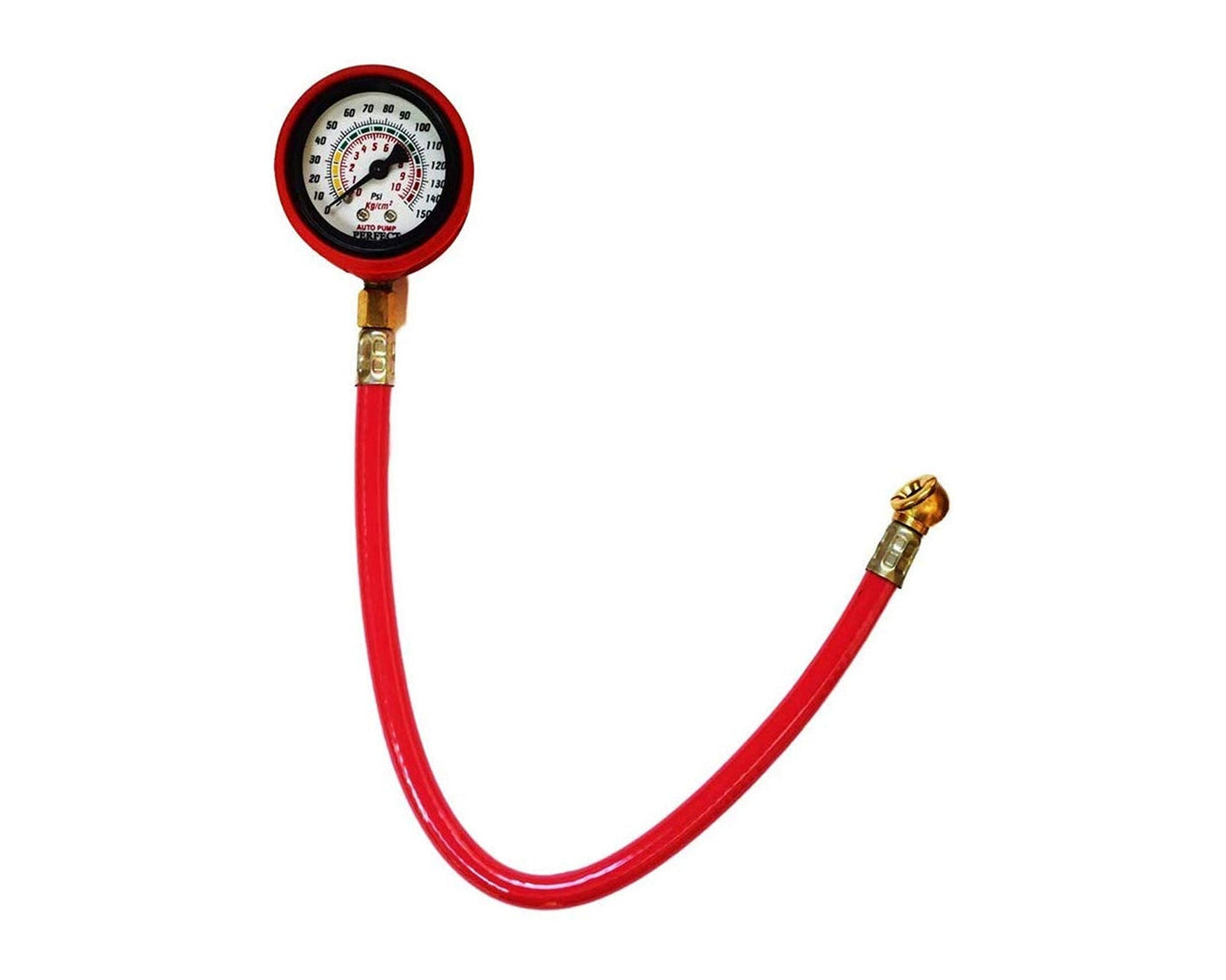 tire inflator gauge showing pressure details.