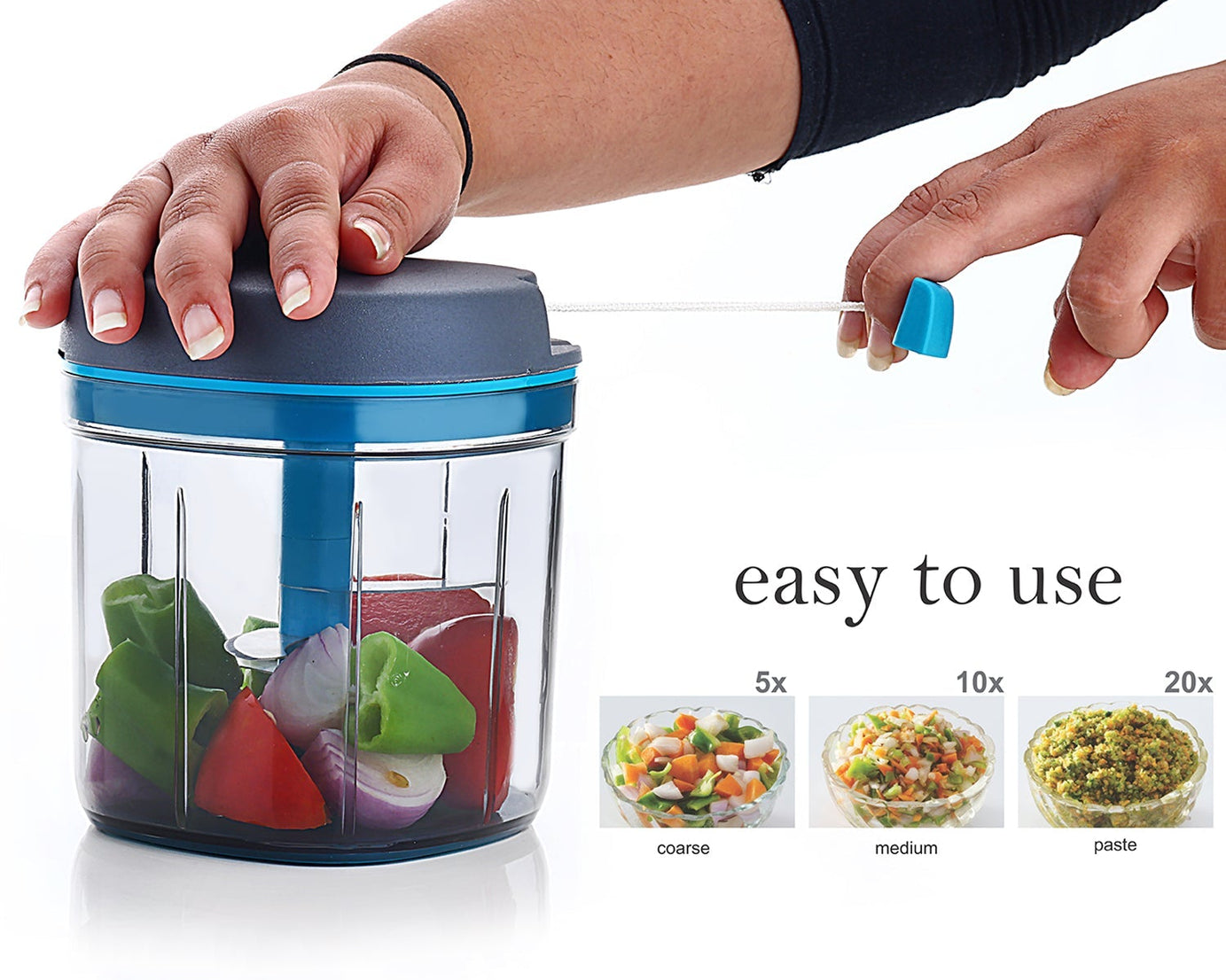 Ganesh Master Chopper, 900 ml, with 5 stainless steel blades, different views.