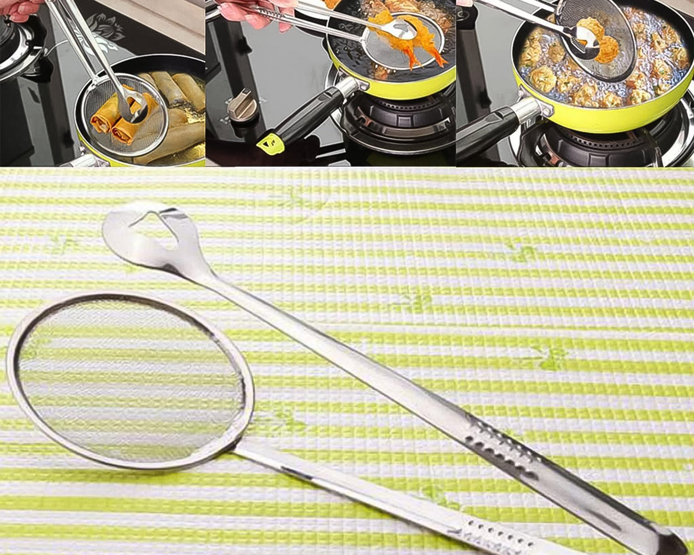 2In1 Stainless Steel Filter Spoon with Clip Food Kitchen Oil-Frying Multi-Functional