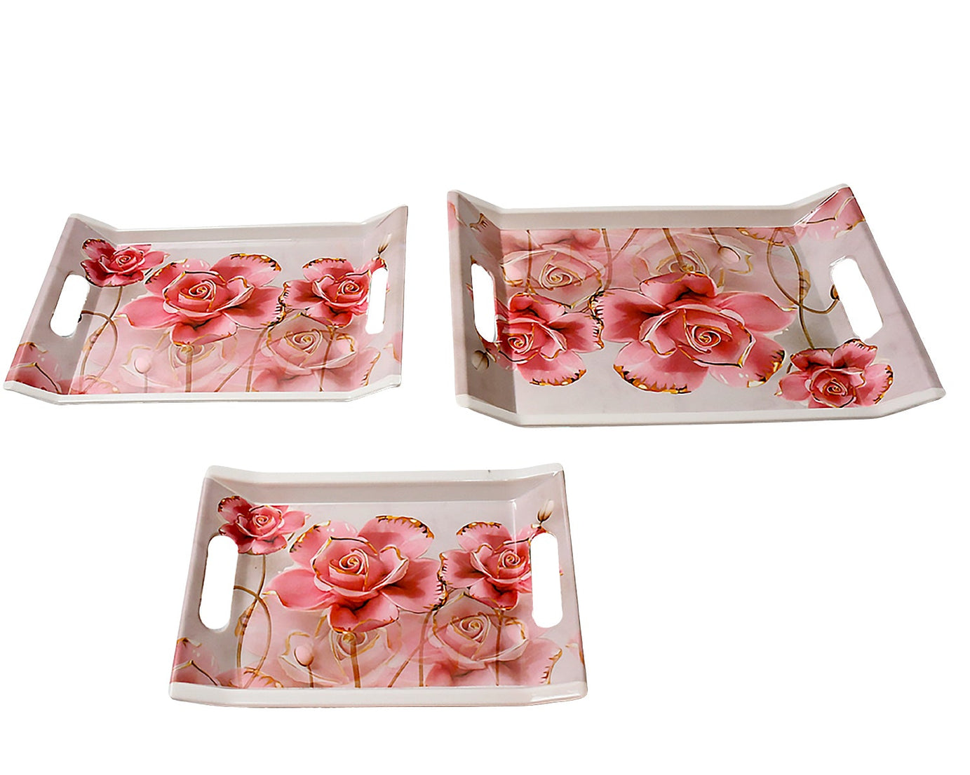 Plastic Rectangular Shape Flower Printed Design Serving Tray 3 pcs Home and Kitchen Use (3 pcs set)