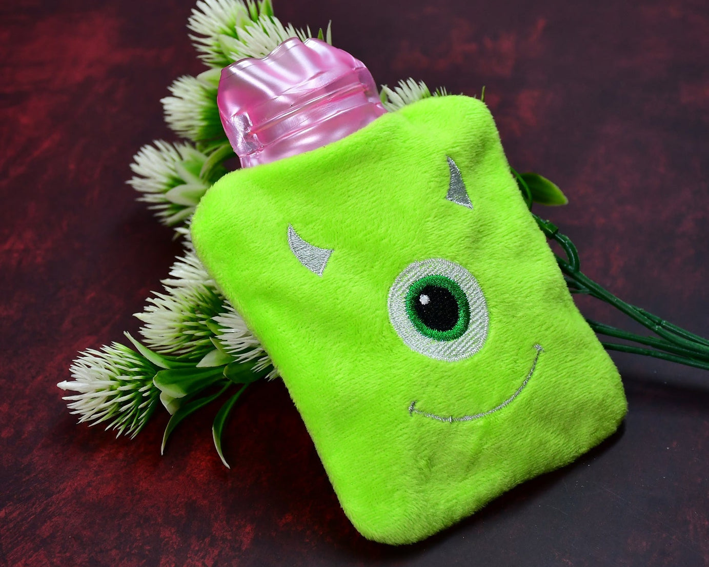 Green One-Eyed Monster Print Small Hot Water Bag with Cover for Pain Relief