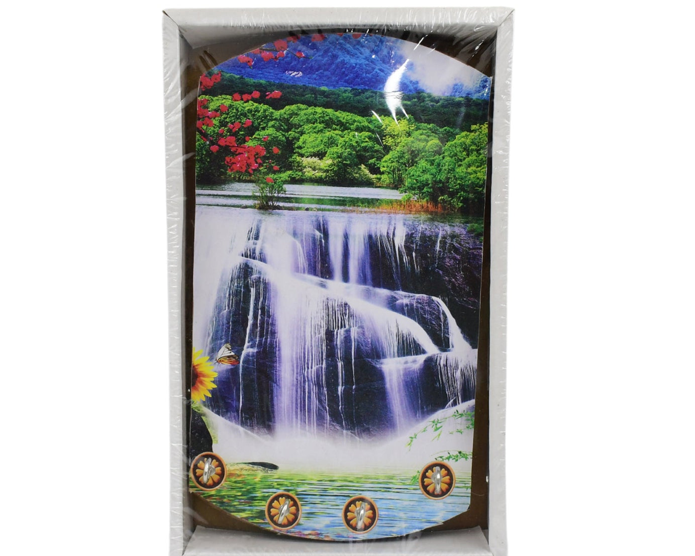 Vertical scenery art in wood with hooks for hanging.