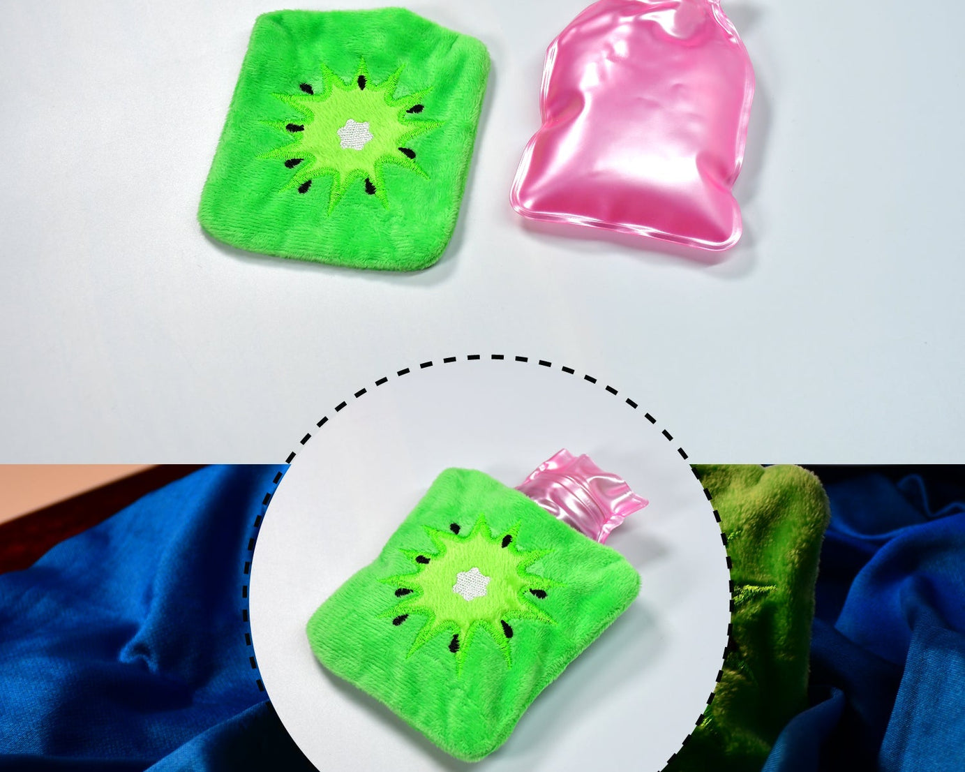 Small hot water bag with green sun cover, perfect for pain relief and warmth