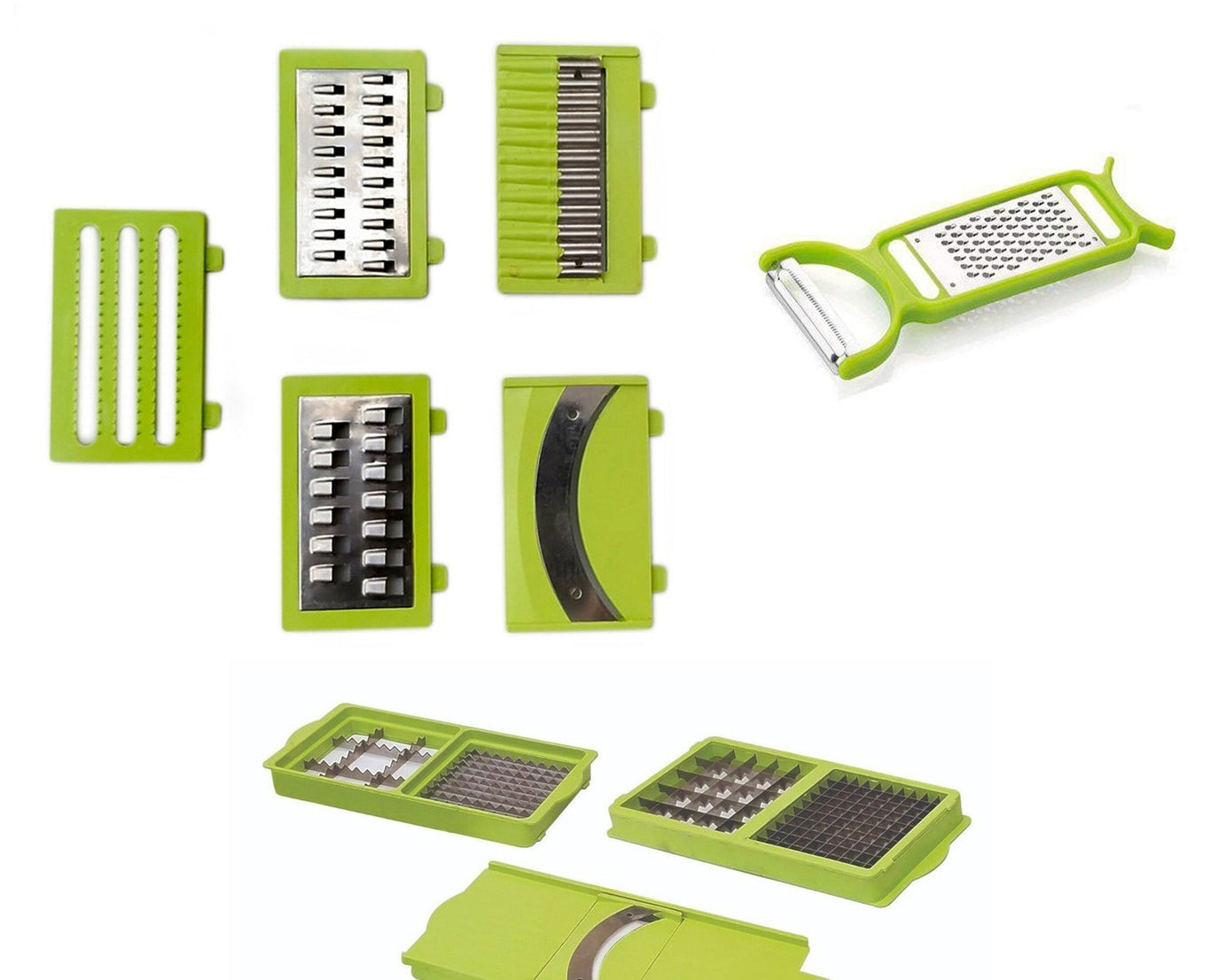 Versatile plastic grater and slicer, includes multiple attachments