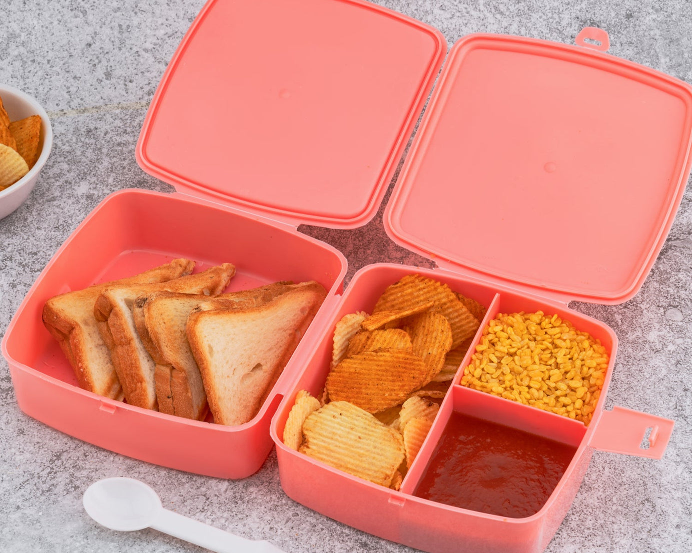 Double-Layer Square Lunch Box with  Spoon , 4 Compartment Tiffin & Push Lock , Plastic Tiffin Box for Travelling, School Kids & Office Exclusive, Home