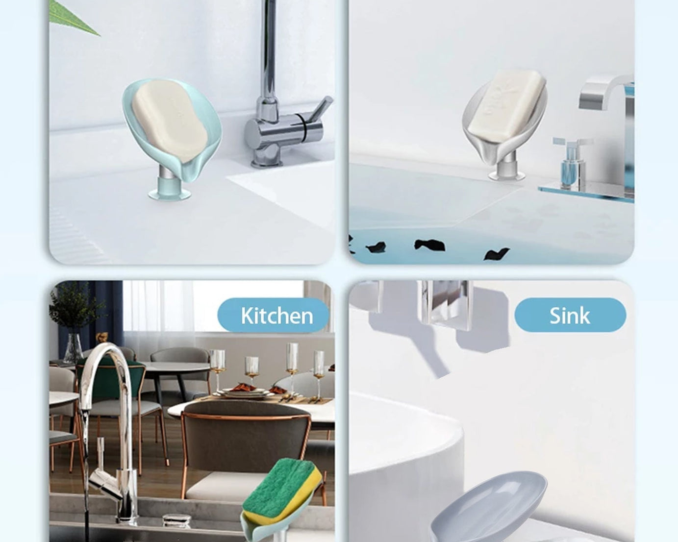 Soap holder with leaf design, self-draining for kitchen or bathroom.