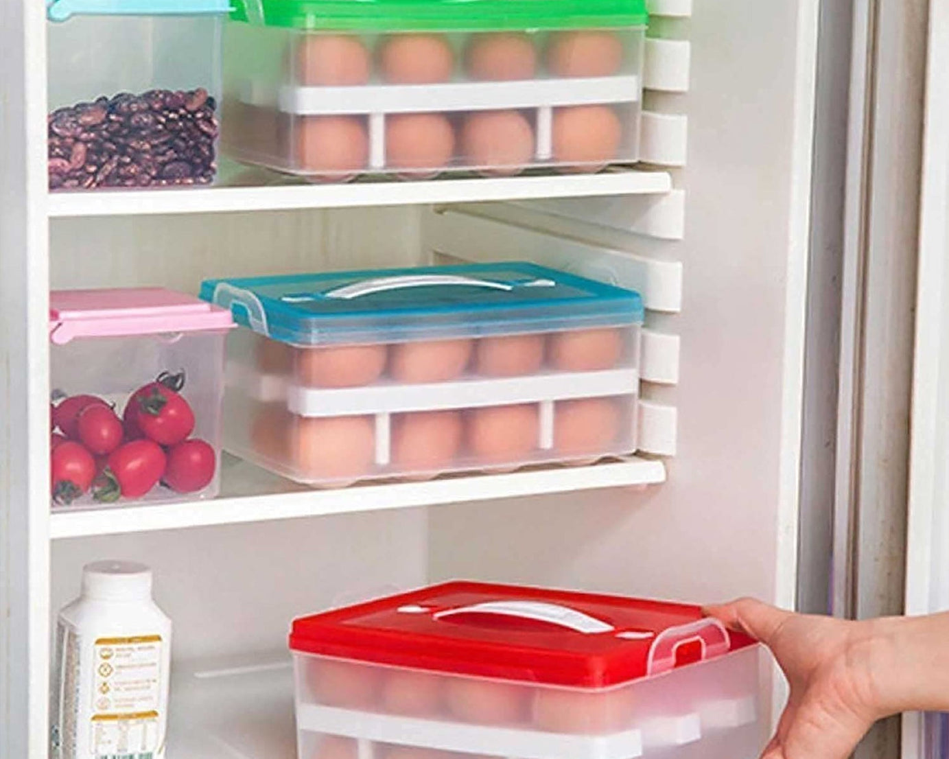 2Layer, 32 Grid Egg Tray with Lid Egg Carrier Holder for Refrigerator, Camping Food Storage Container with Handle (1 Pc )