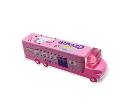 Double Decker Magic Truck Compass Multi Level Metal Truck Compass Pencil Case with Movable Wheels & Sharpener (Mix Design)