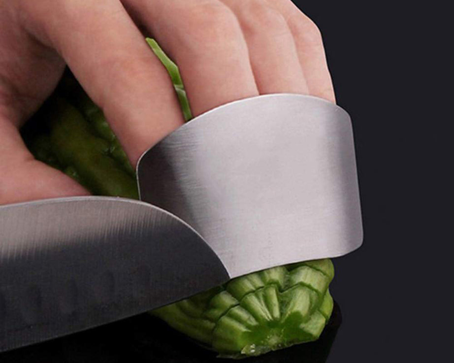 Adjustable stainless steel finger guard for safe slicing.