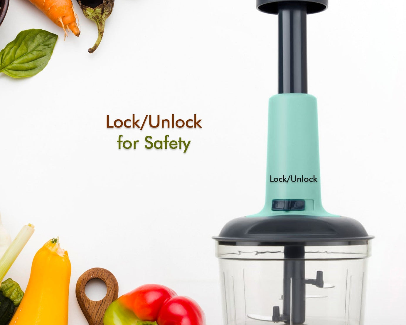 Manual push chopper with stainless steel blades, close-up