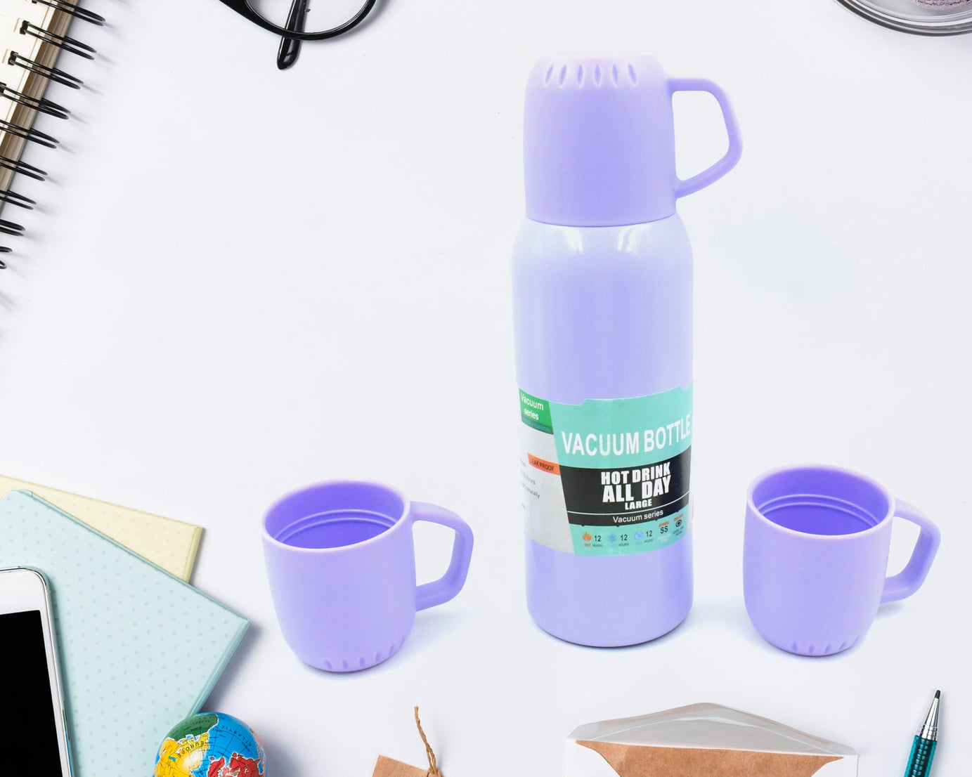 Vacuum Flask Set Stainless Steel Thermos With 3 Cup Creative Gift Set With Cover Handle Portable Car Water Bottle Set (Approx 500ml)