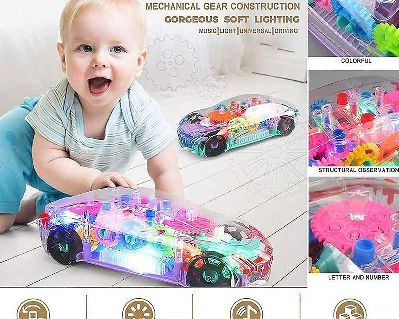 Automatic 360 Degree Rotating Transparent Gear Concept Car with Musical and 3D Flashing Lights Toy for Kids Boys & Girls (Multicolor / Battery Not Included)
