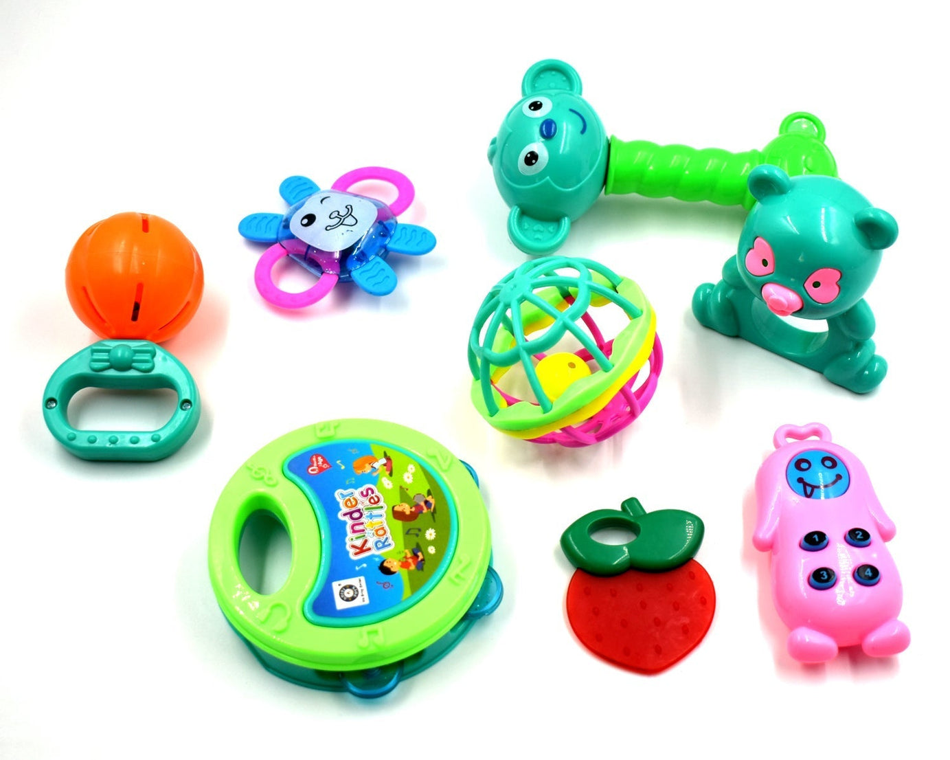 Set of sensory baby rattles with different textures and colors for infants.
