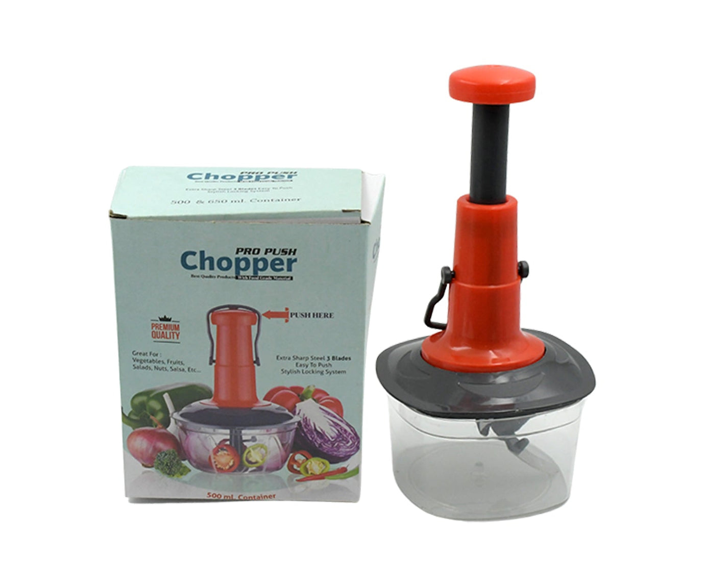 Manual Food Chopper (650ml): 3 Stainless Steel Blades, Locking System, Anti-Slip Base