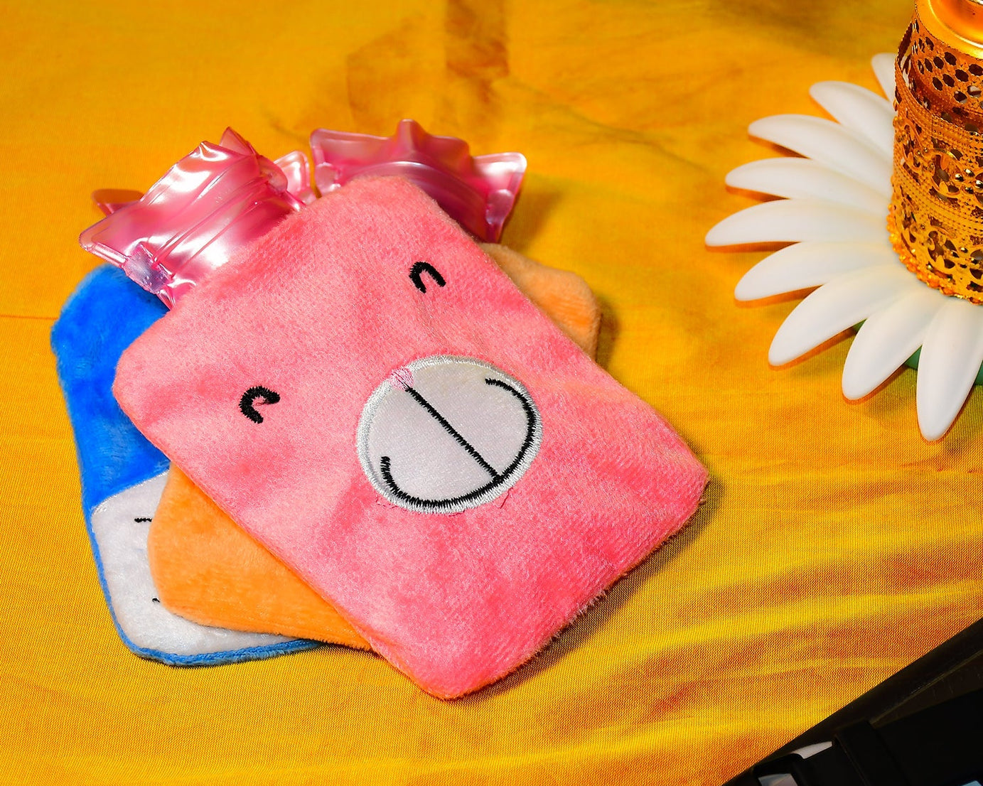 Pink hot water bag with cover, small size for pain relief