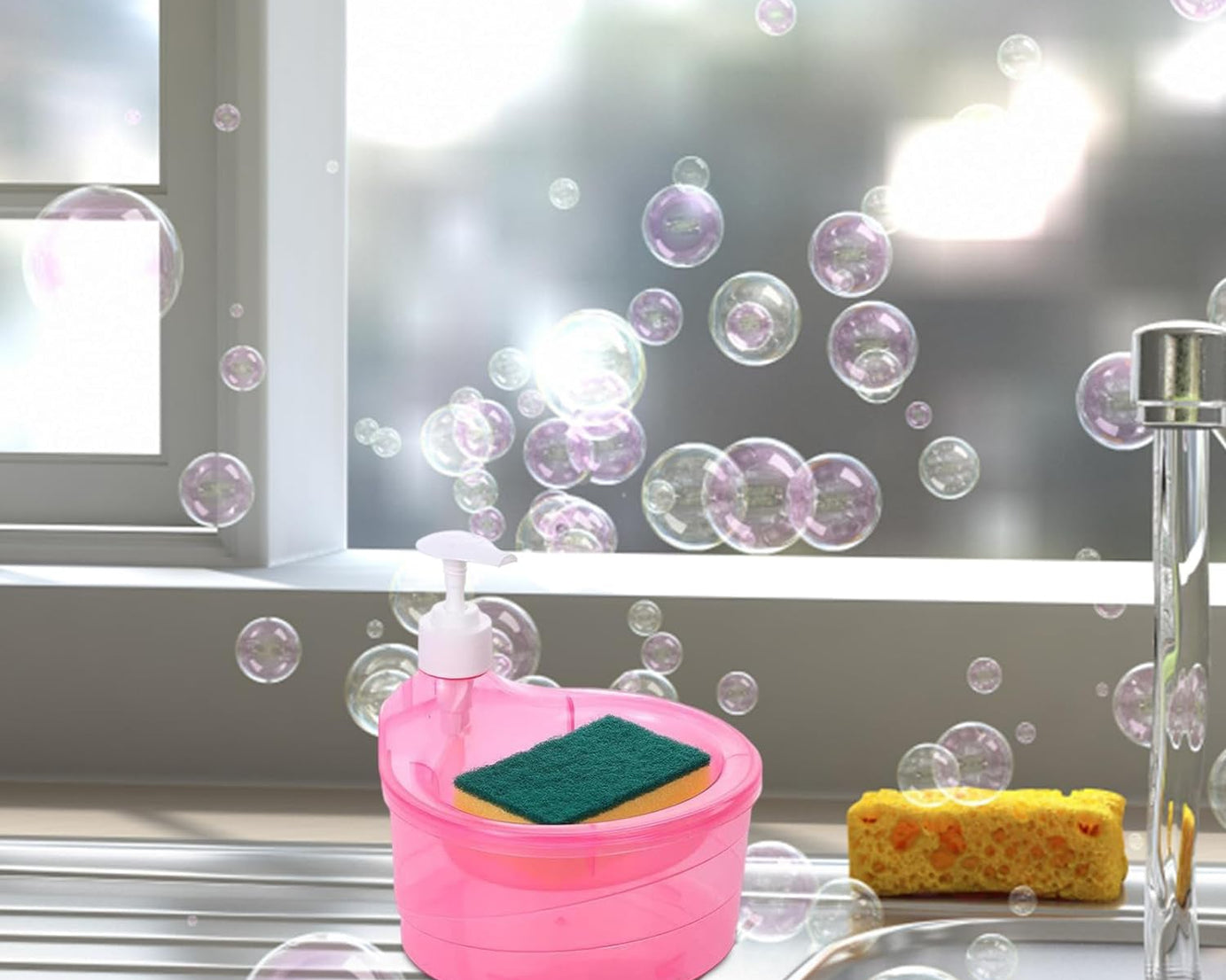 Double Layer Liquid soap Dispenser with Pump and Sponge, Practical for Hotel Sink Clear, Soap Dispensing Liquid Pump Bottle for Home,  Kitchen Rectangle ( 2 in 1 )