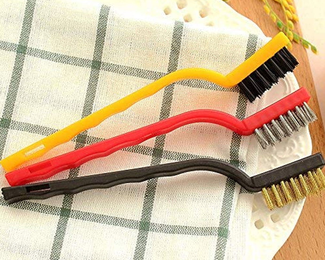 3pc Mini Wire Brush Set Brass Nylon Stainless Steel Bristles Household Cleaning Brush for Gas Stove, Smoke Machine Tool Burner Tiles Tap Rust Removal Welding Slag Dirt & Paint Scrubbing (3 Pcs Set)