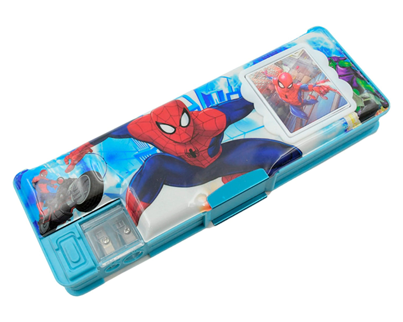 4260 Art & Stationery Cartoon Multi-functional Geometry Box for Boys with Inbuilt Calculator, 2 Sides Open and Double Sharpener Stationery Kit Pencil Box for Boys Art Plastic Pencil Box  for Girls and Boys