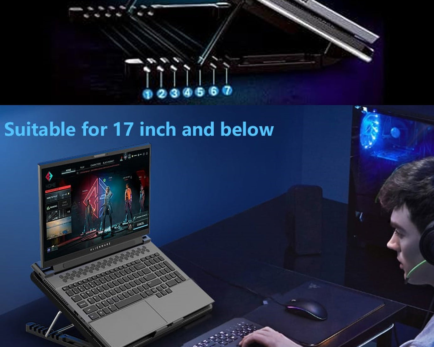 Laptop Cooler Cooling Pad with 2 Quiet Led Fans, Dual USB Ports, Portable Ultra Slim USB Powered 7 Heights Adjustable Laptop Stand for Gaming Laptop