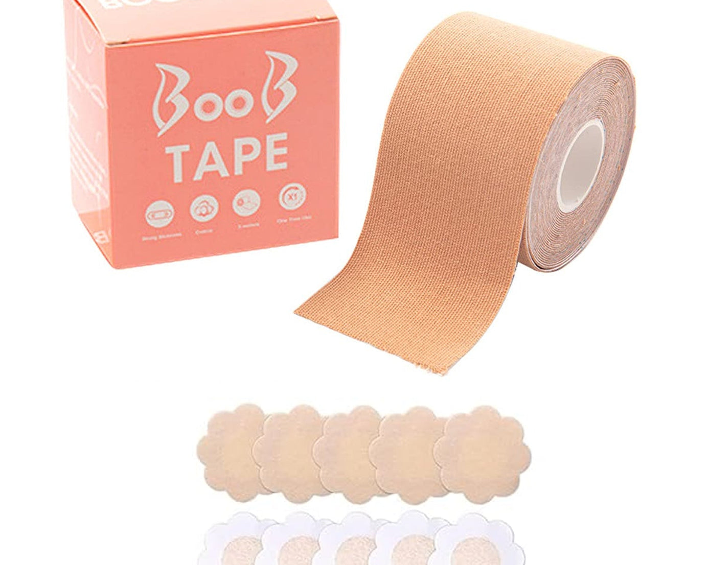 Boob Tape with Nipple Covers: Cotton, Breathable, Lift & Support (5m, 10 Pairs)
