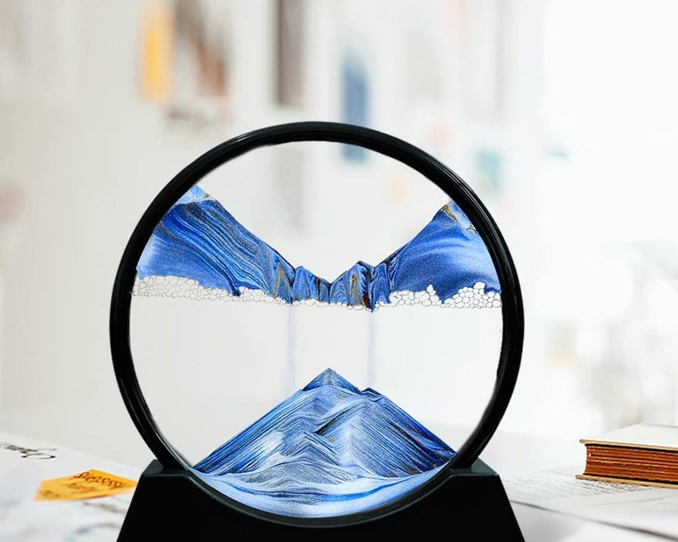 Moving Sand Art Picture Decor, 3D Deep Sea Sandscape Liquid Motion, Round Glass Frame Display Flowing Sand Relaxing Gift for Kids Adults Painting Artistic Sandscape for Home, Office, Ornament Desktop Art Bookshelves Decoration (1 Pc )