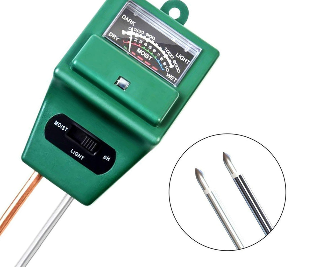 pH testing meter for soil with 3-way function.